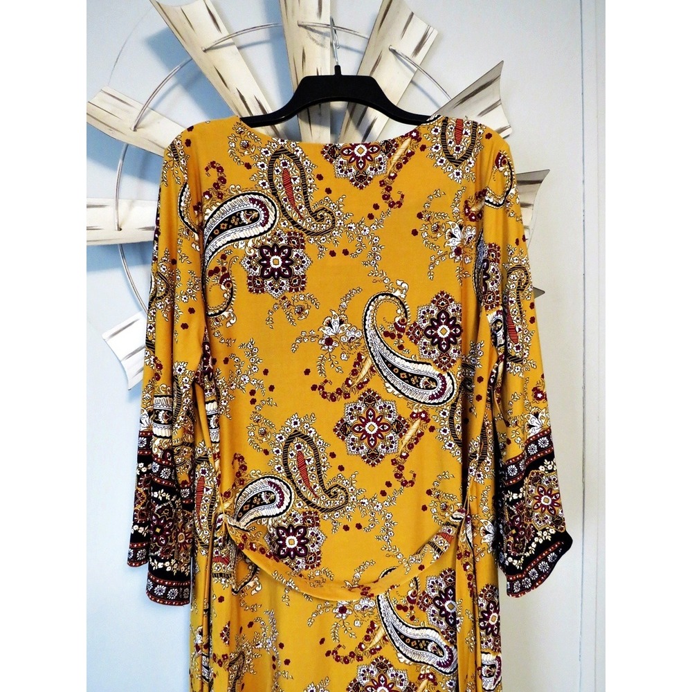 NY Collection Paisley Print Dress 2X Mustard Yellow Stretch Shift 3/4 Sleeves - Picture 9 of 9